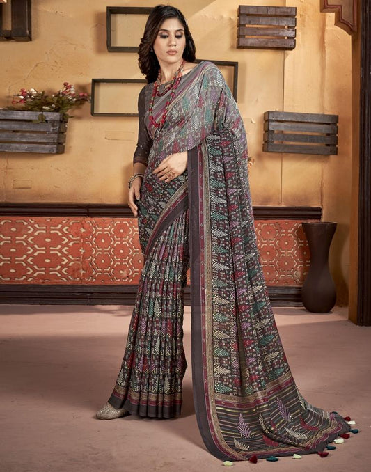 Dusty Wine Georgette Printed Saree