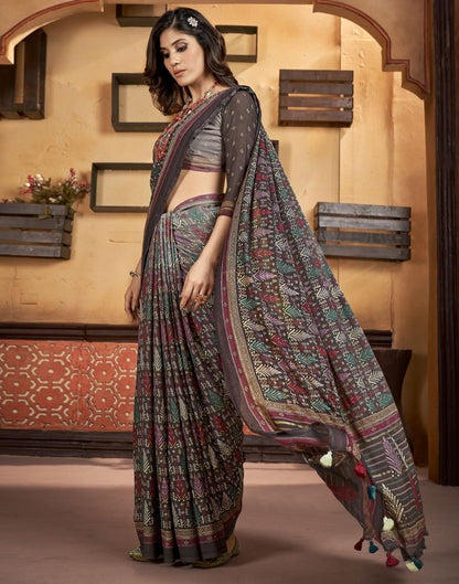 Dusty Wine Georgette Printed Saree