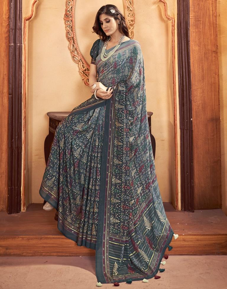 Dark Grey Georgette Printed Saree