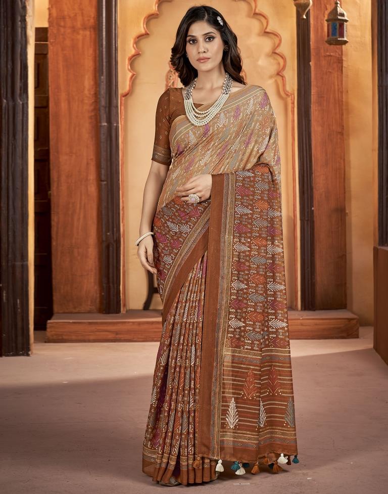 Rust Georgette Printed Saree