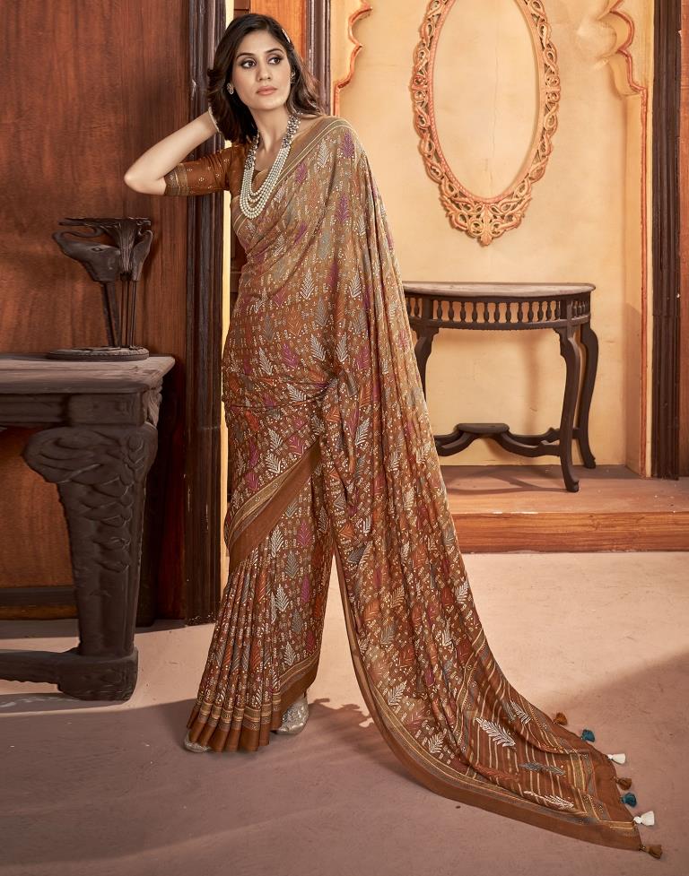 Rust Georgette Printed Saree