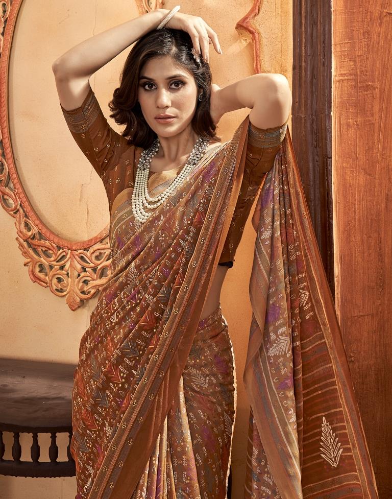 Rust Georgette Printed Saree