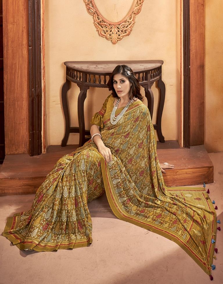 Dark Mustard Yellow Georgette Printed Saree