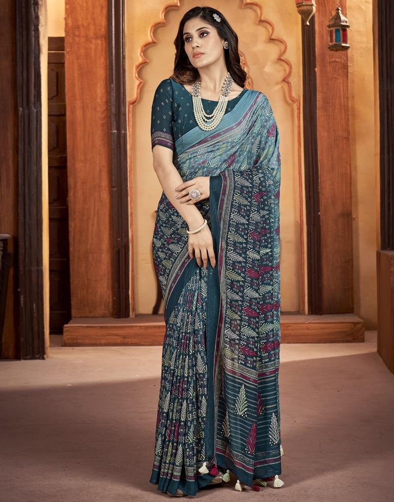 Rama Blue Georgette Printed Saree