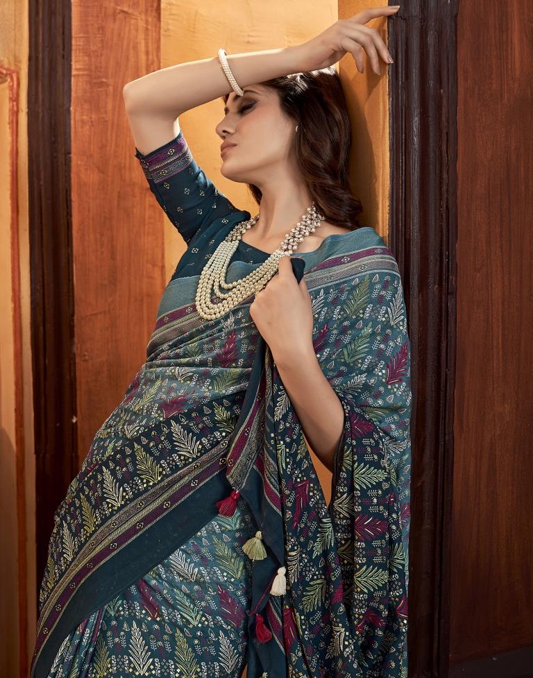 Rama Blue Georgette Printed Saree
