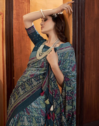 Rama Blue Georgette Printed Saree