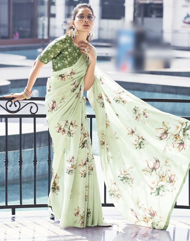 Light Pista Green Satin Printed Saree