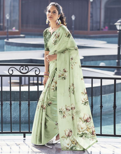 Light Pista Green Satin Printed Saree