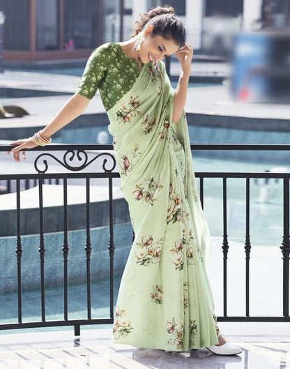 Light Pista Green Satin Printed Saree