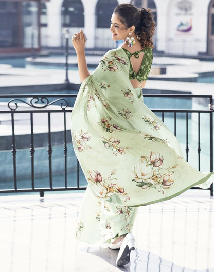 Light Pista Green Satin Printed Saree