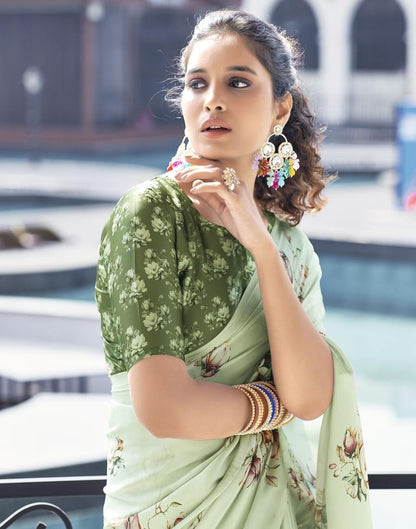 Light Pista Green Satin Printed Saree