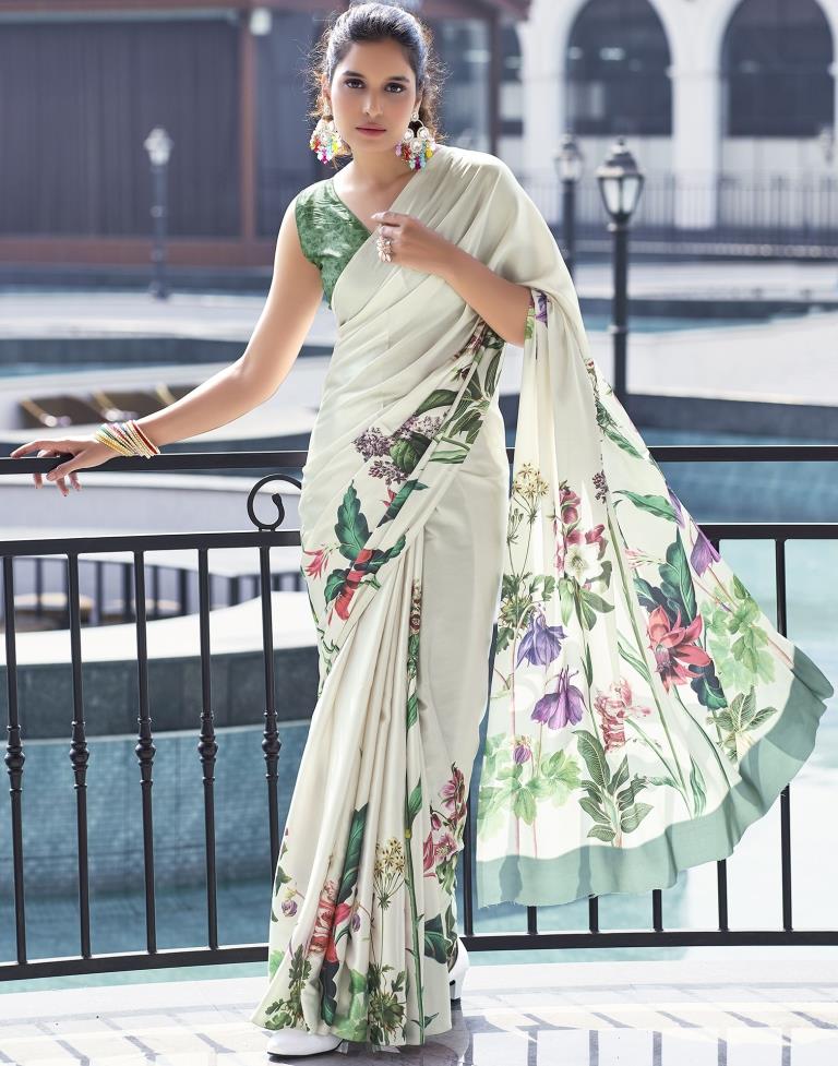 White Satin Printed Saree