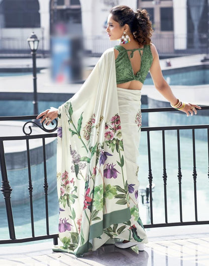 White Satin Printed Saree