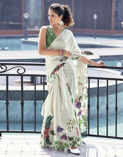 White Satin Printed Saree