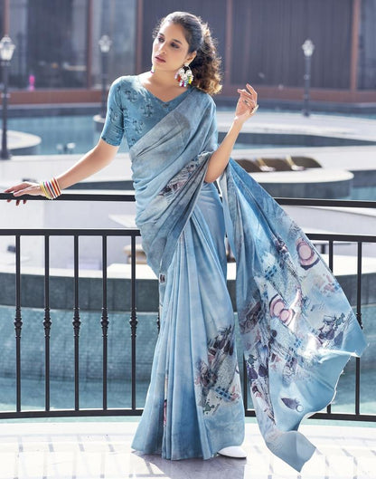 Steel Satin Printed Saree