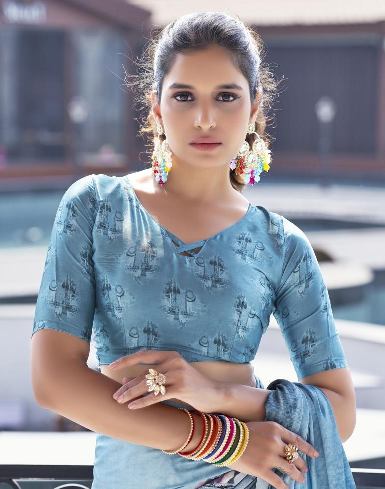 Steel Satin Printed Saree