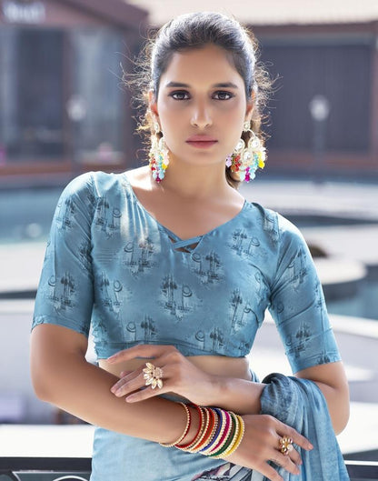 Steel Satin Printed Saree