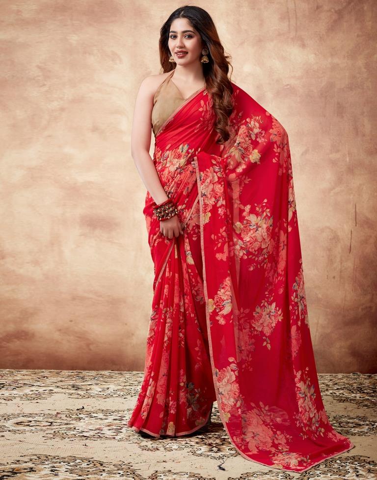 Red Georgette Printed Saree
