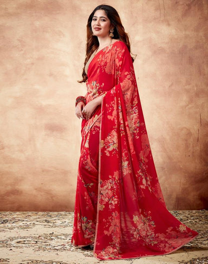 Red Georgette Printed Saree