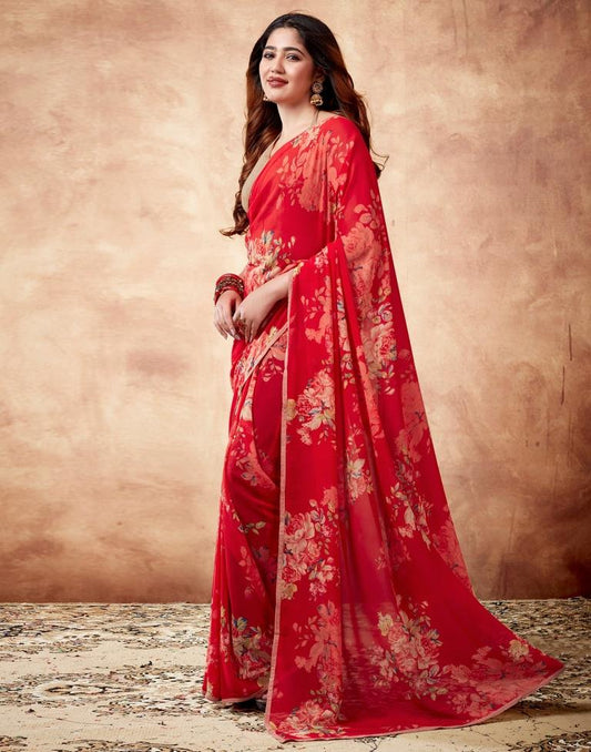 Red Georgette Printed Saree