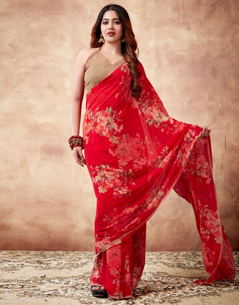 Red Georgette Printed Saree