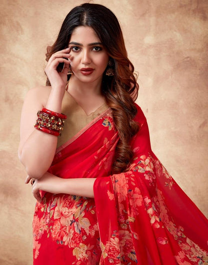 Red Georgette Printed Saree