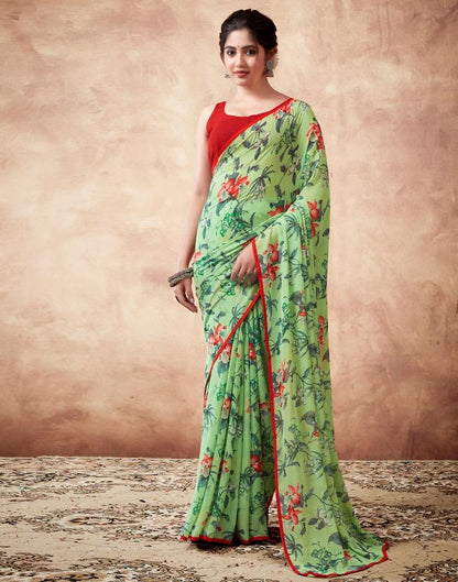 Parrot Green Georgette Printed Saree