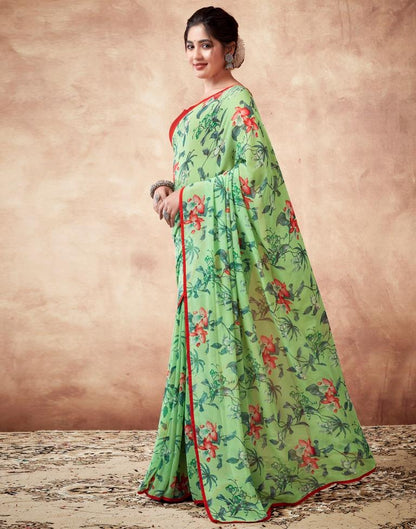Parrot Green Georgette Printed Saree