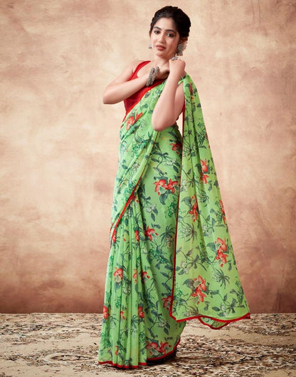 Parrot Green Georgette Printed Saree
