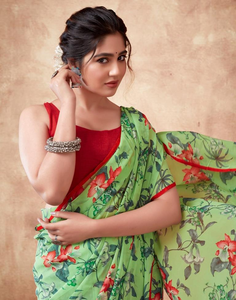 Parrot Green Georgette Printed Saree