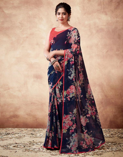Navy Blue Georgette Printed Saree