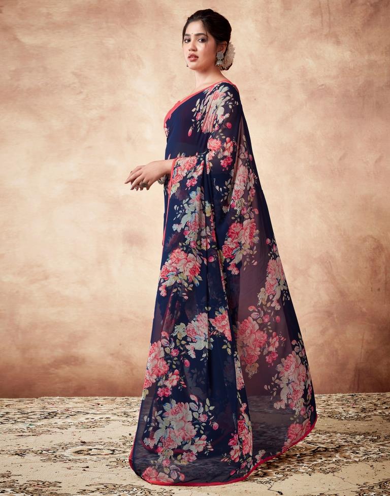 Navy Blue Georgette Printed Saree