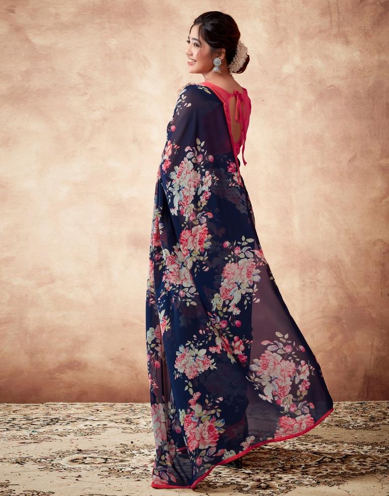 Navy Blue Georgette Printed Saree