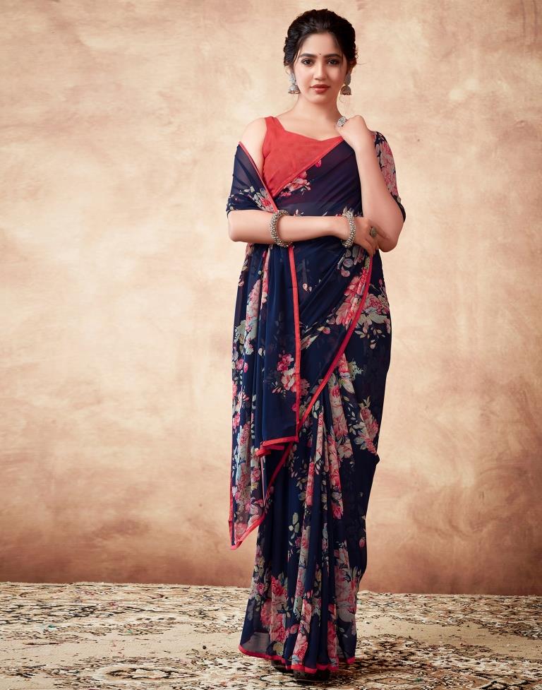 Navy Blue Georgette Printed Saree