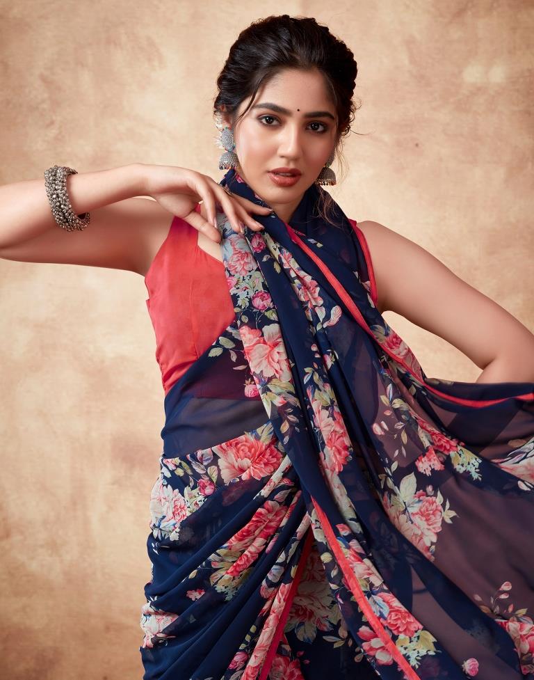 Navy Blue Georgette Printed Saree