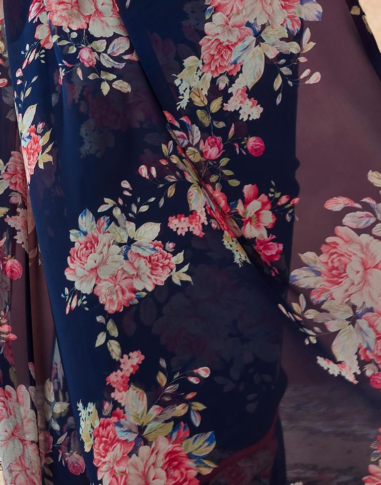 Navy Blue Georgette Printed Saree