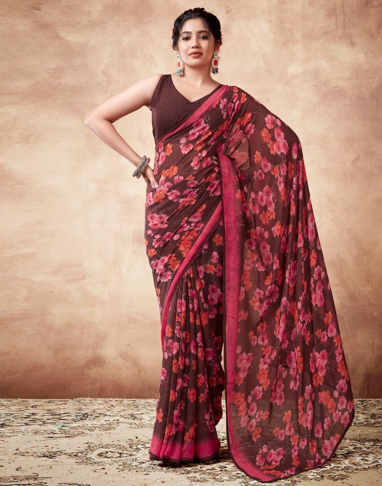 Brown Georgette Printed Saree