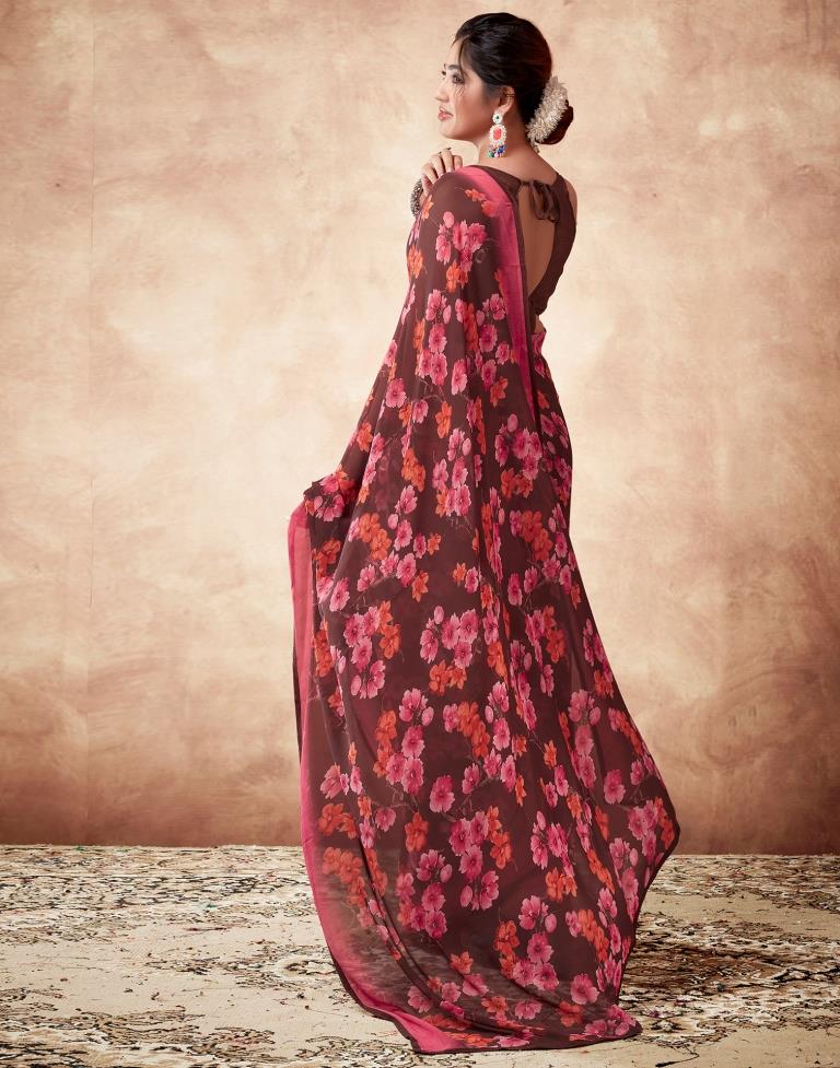 Brown Georgette Printed Saree
