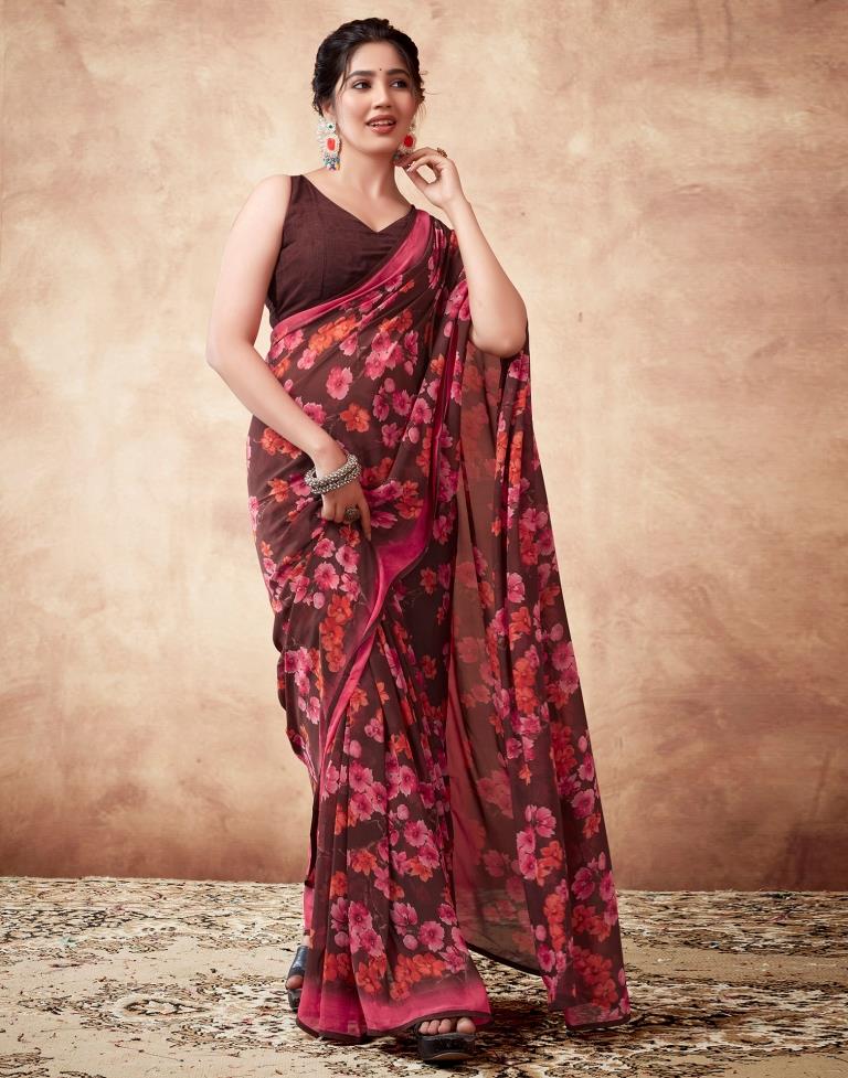 Brown Georgette Printed Saree