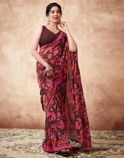 Brown Georgette Printed Saree