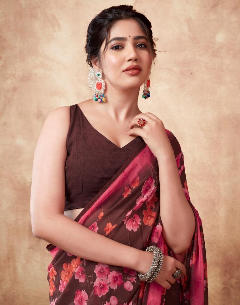 Brown Georgette Printed Saree