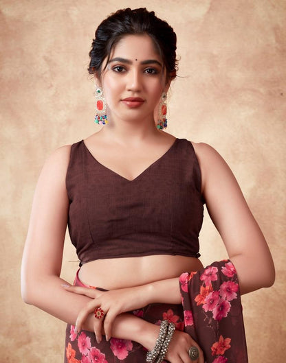 Brown Georgette Printed Saree
