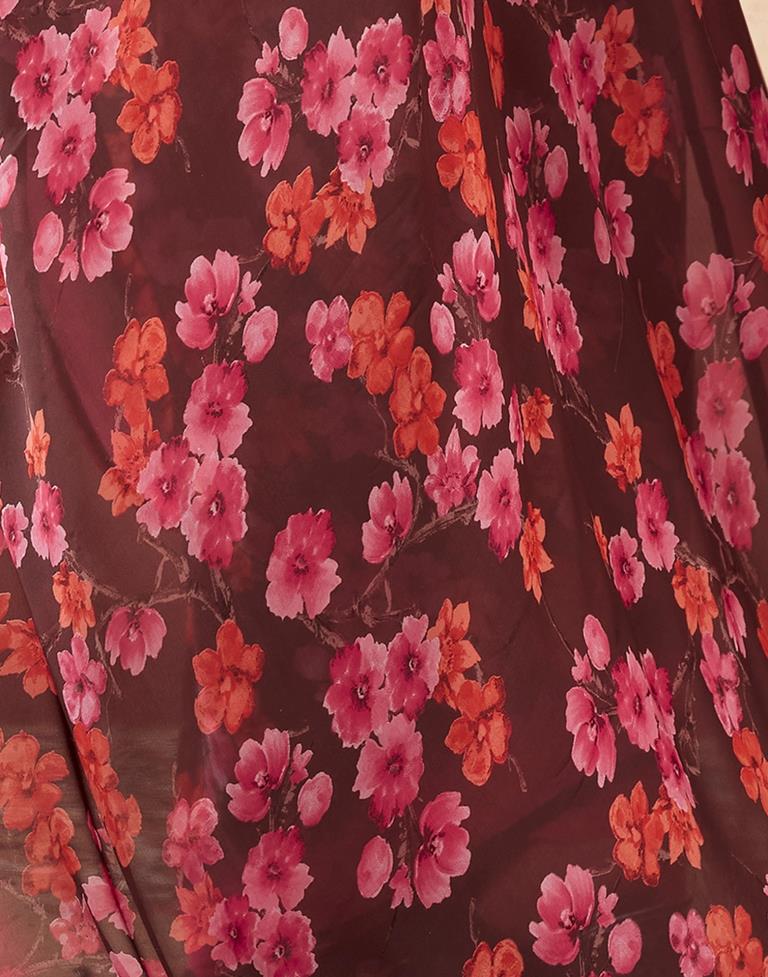 Brown Georgette Printed Saree
