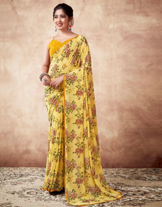 Yellow Georgette Printed Saree