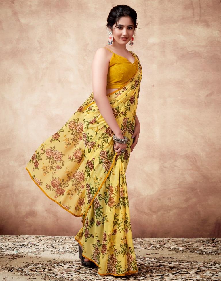 Yellow Georgette Printed Saree