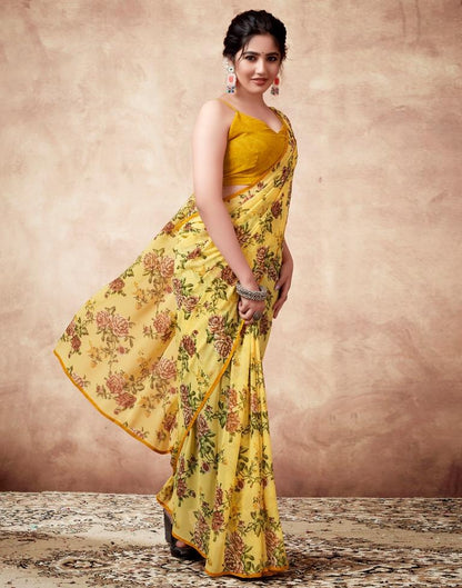 Yellow Georgette Printed Saree