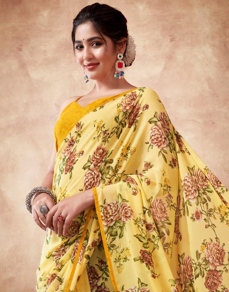 Yellow Georgette Printed Saree