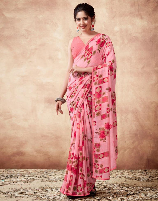 Pink Georgette Printed Saree