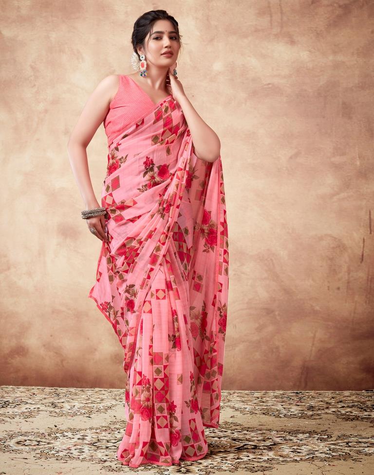 Pink Georgette Printed Saree
