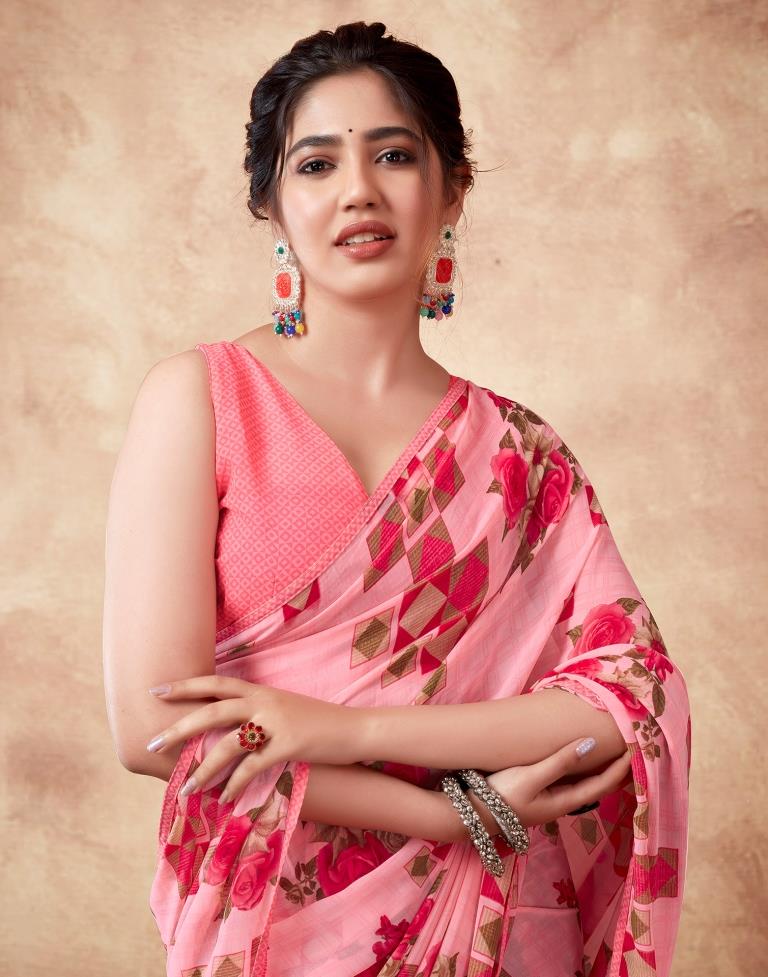 Pink Georgette Printed Saree